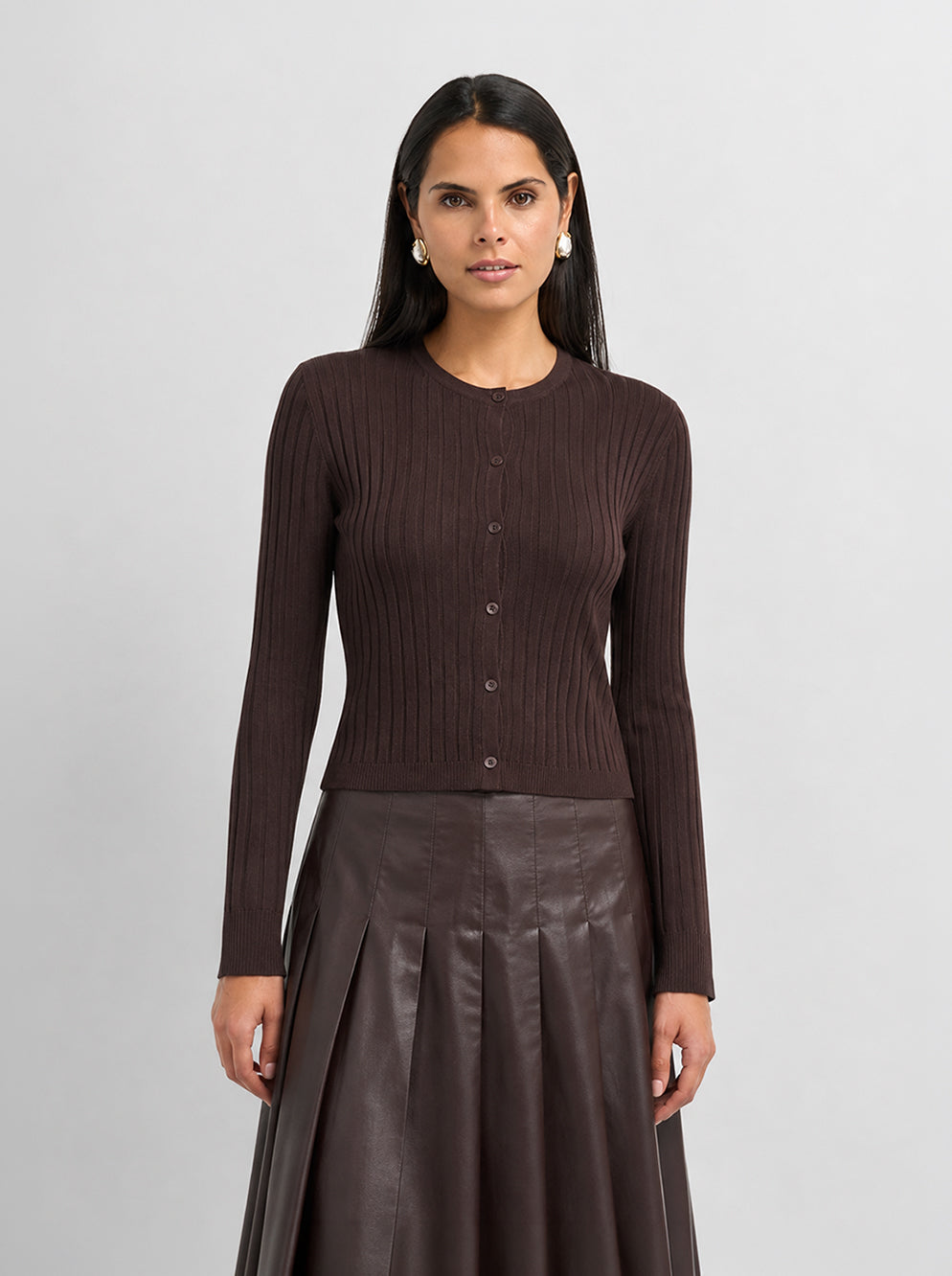 Lightweight Ribbed Cardigan 20" - Brown
