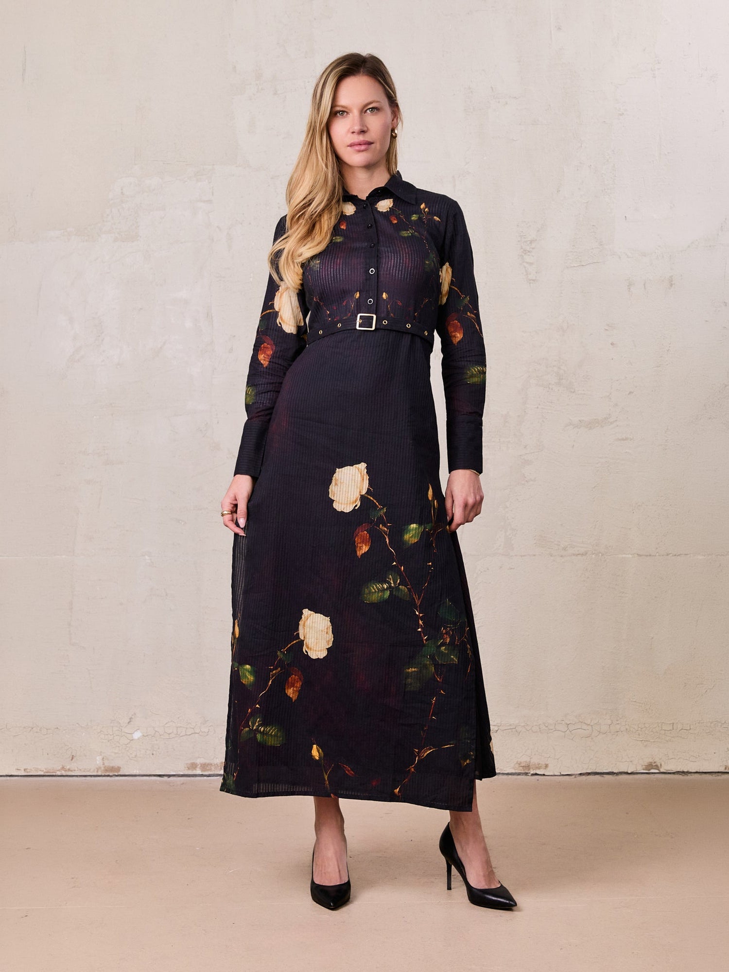 black floral shirt dress The Yankova Floral Shirt Dress in Black Medium
