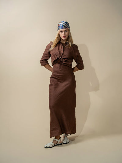 Linen A-Line Slip Dress-Brown