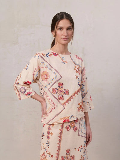 Linen Blend Crop Swing Top-Aztec Floral