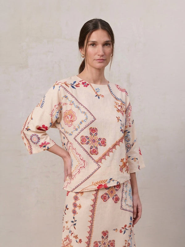 Linen Blend Crop Swing Top-Aztec Floral