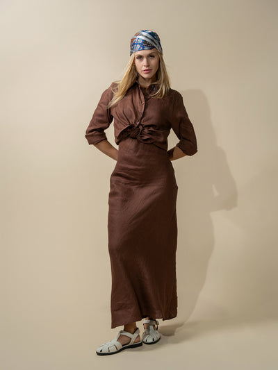Linen Button Down Blouse-Brown