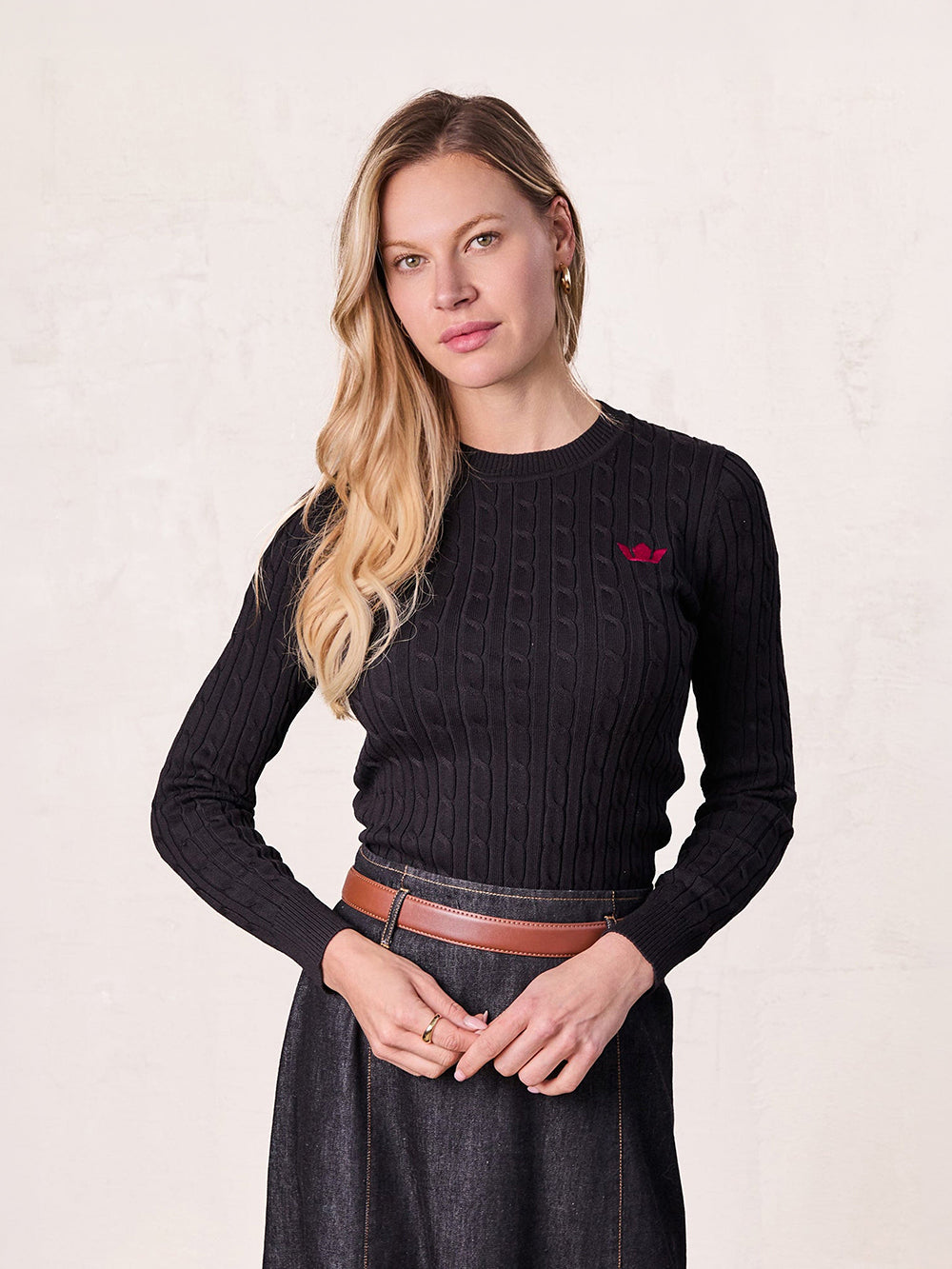 Logo Cable Sweater-Black/Hot Pink