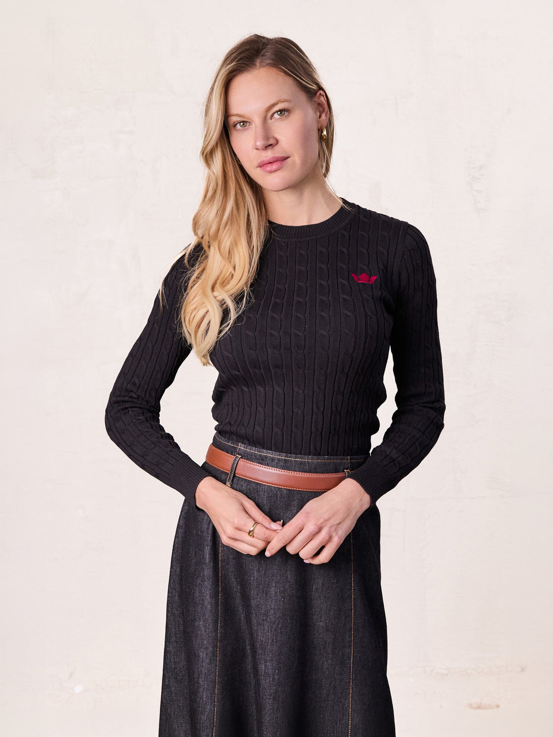 Logo Cable Sweater-Black/Hot Pink