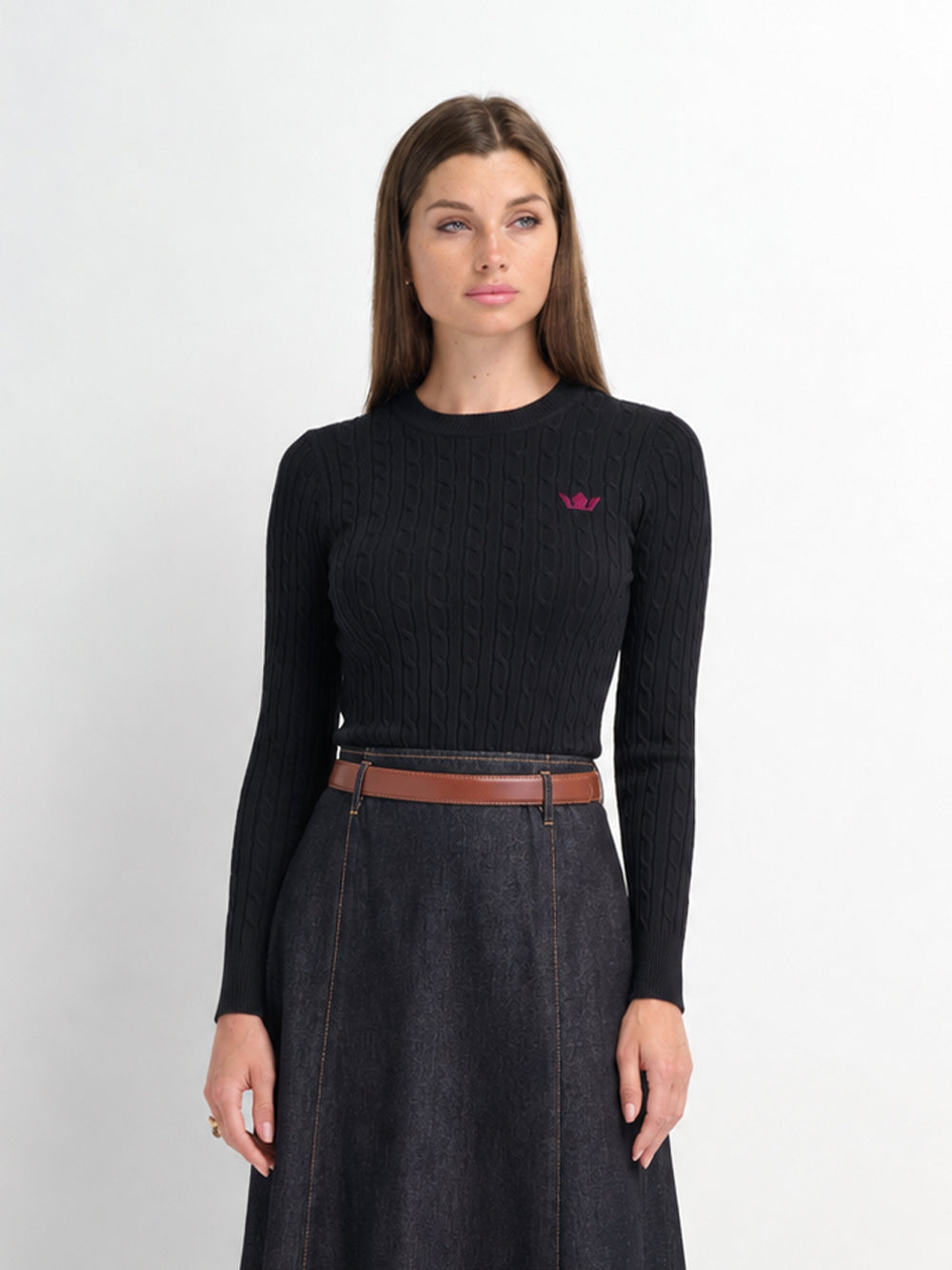 Logo Cable Sweater-Black/Hot Pink