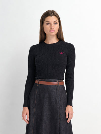 Logo Cable Sweater-Black/Hot Pink