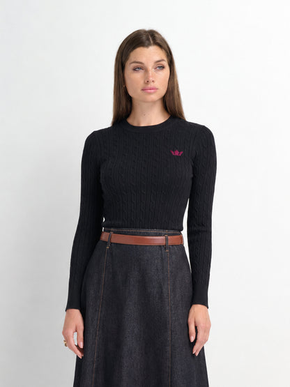 Logo Cable Sweater-Black/Hot Pink