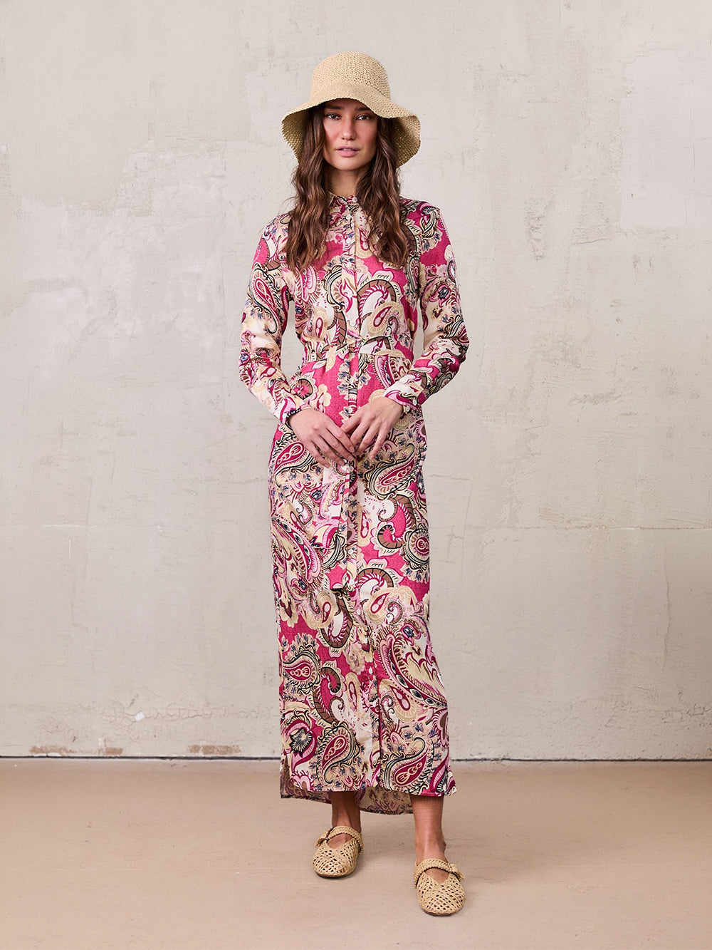 Long Button Down Shirtdress-Coral Paisley