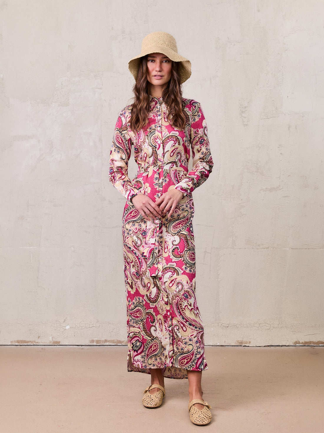 Long Button Down Shirtdress-Coral Paisley