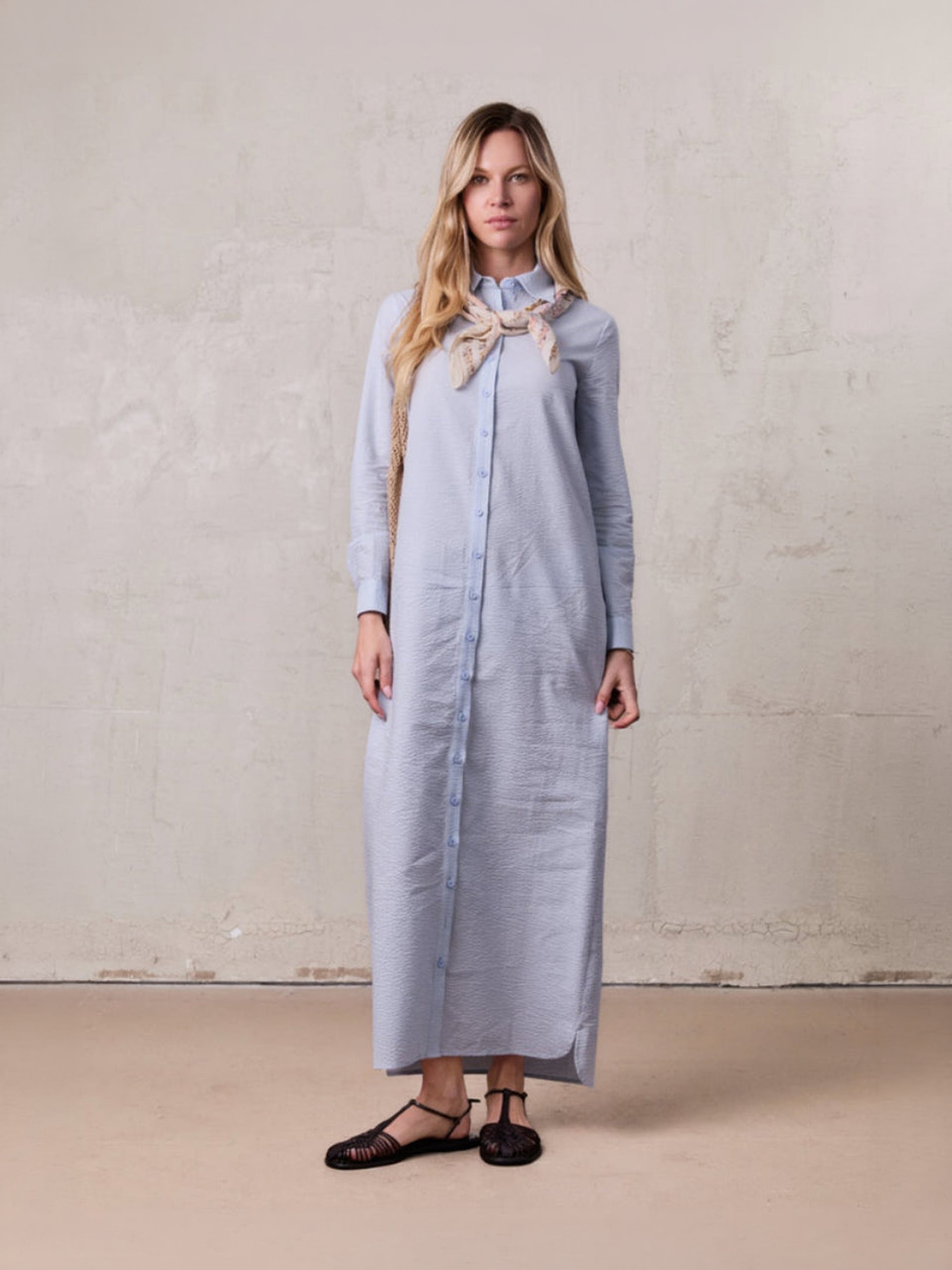 Long Button Down Shirtdress-Light Blue