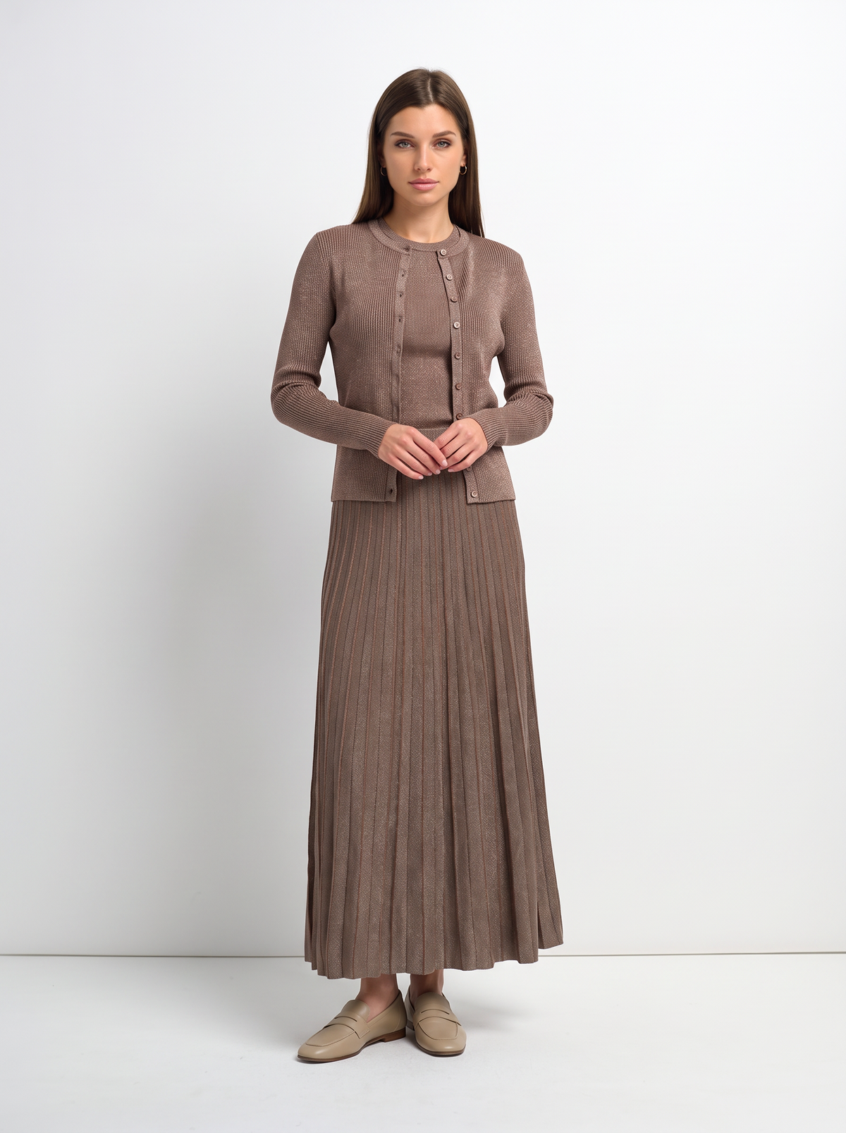 Lurex Pleat Knit Maxi Skirt - Brown