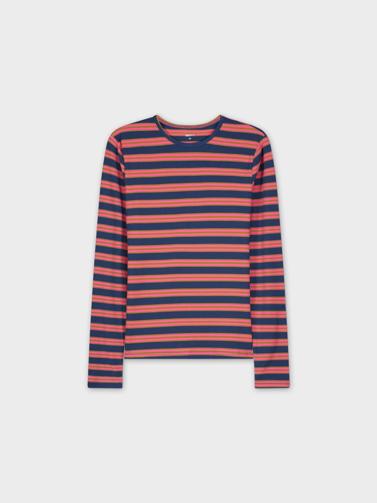 RIBBED STRIPED CREW-BLUE/NEON PINK