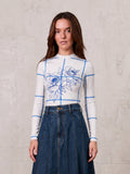 Basic Printed T-shirt-Floral Windowpane Blue