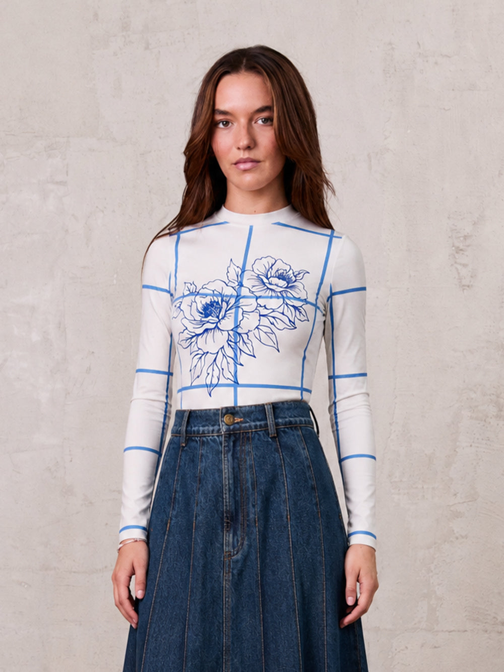 Basic Printed T-shirt-Floral Windowpane Blue