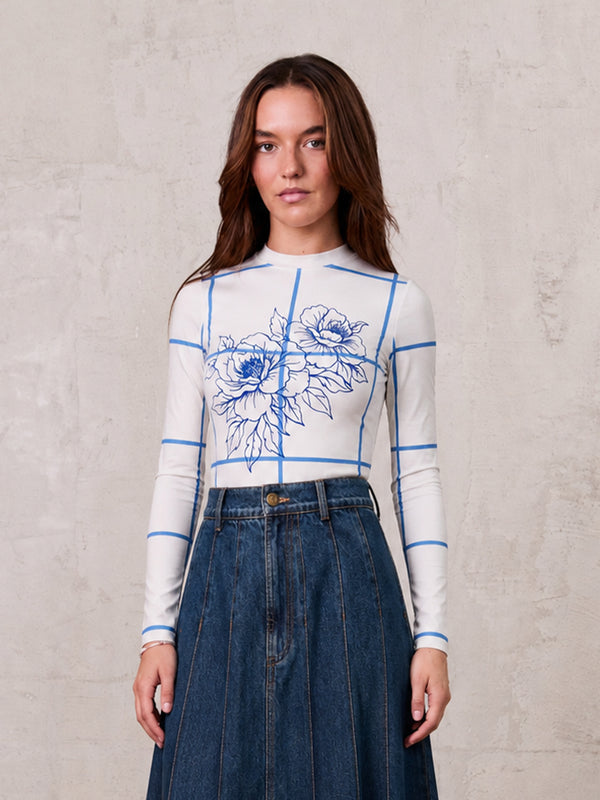 Basic Printed T-shirt-Floral Windowpane Blue