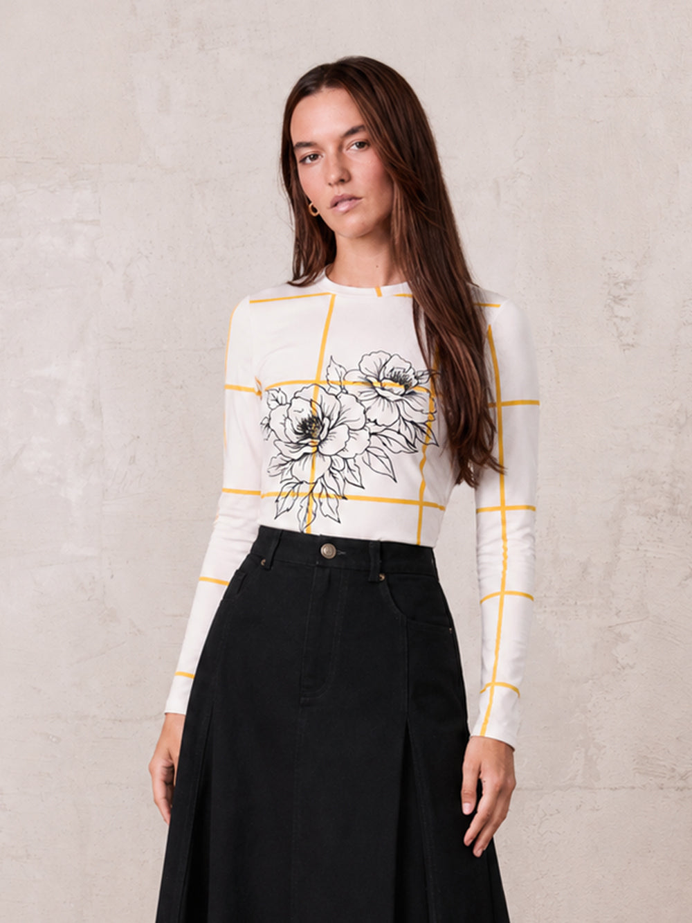 Basic Printed T-shirt-Floral Windowpane Yellow
