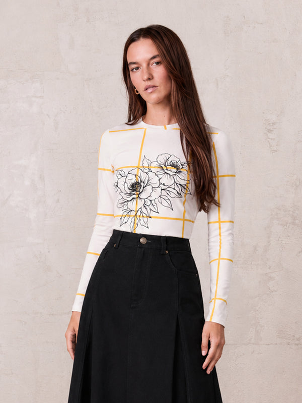 Basic Printed T-shirt-Floral Windowpane Yellow