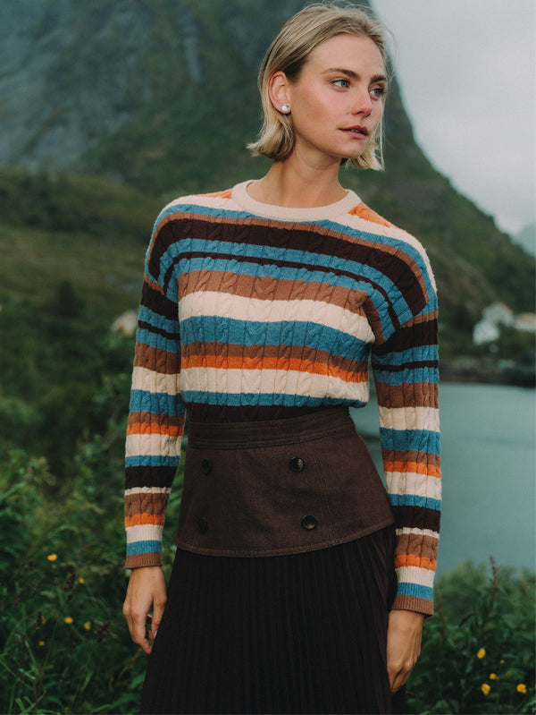 Cable Striped Sweater - Brown