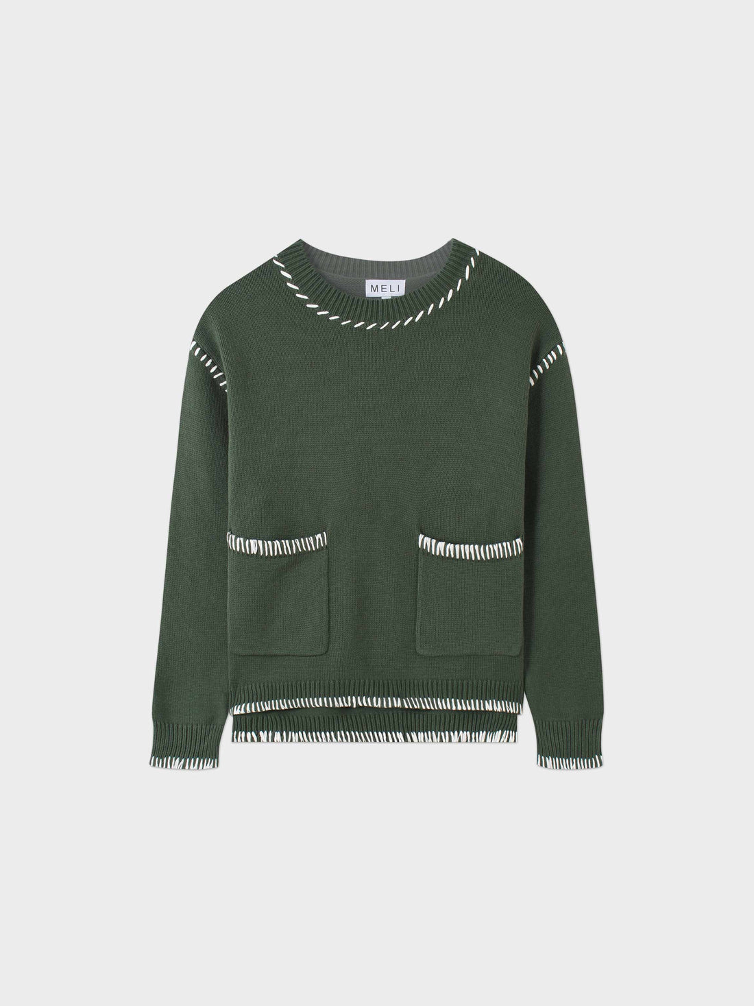 Overlock Stitch Sweater-Green/Cream