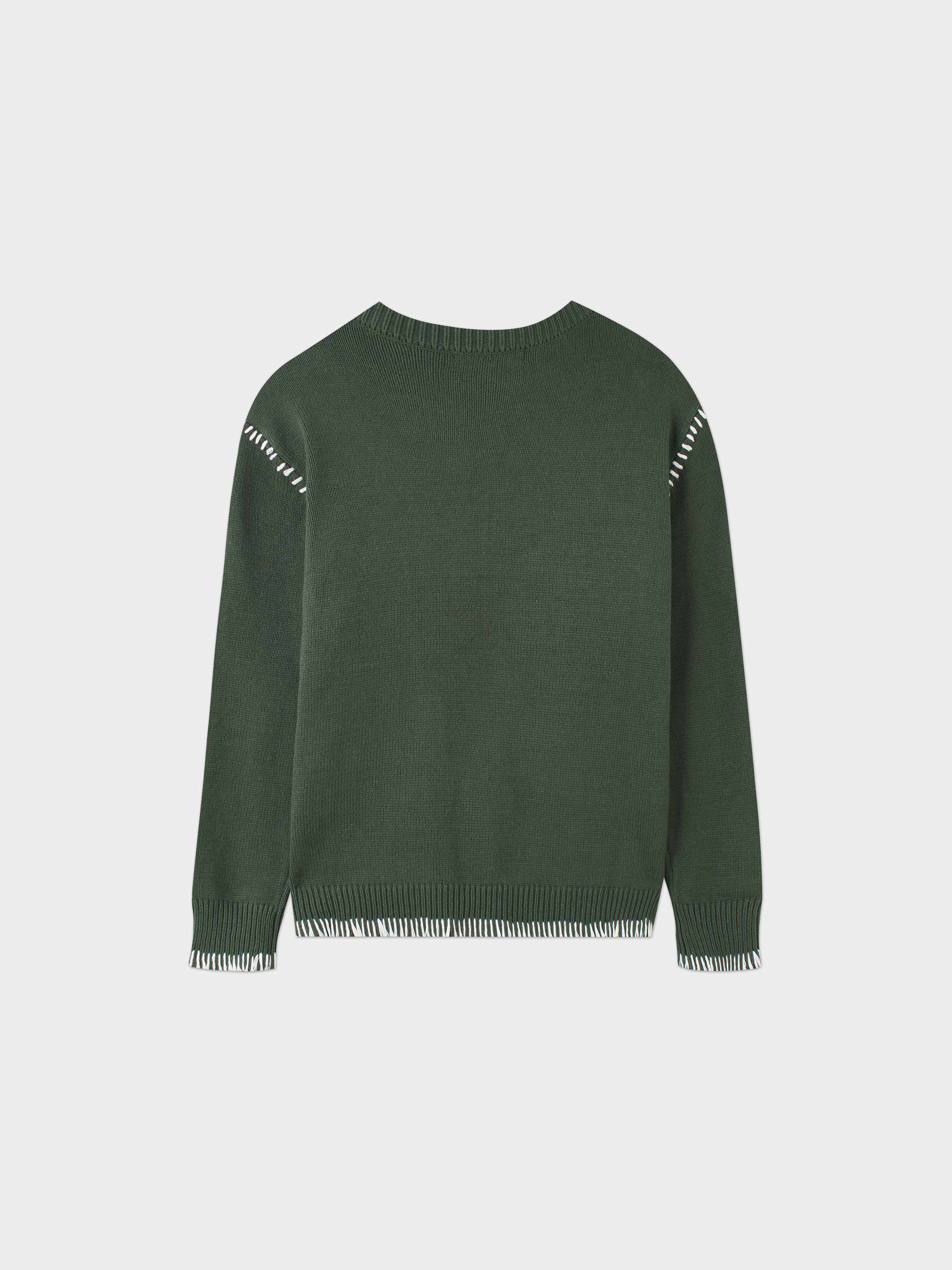 Overlock Stitch Sweater-Green/Cream