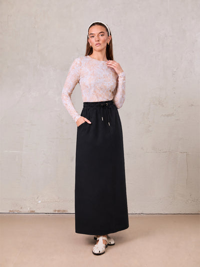 Drawstring Ponte Pencil Skirt-Black