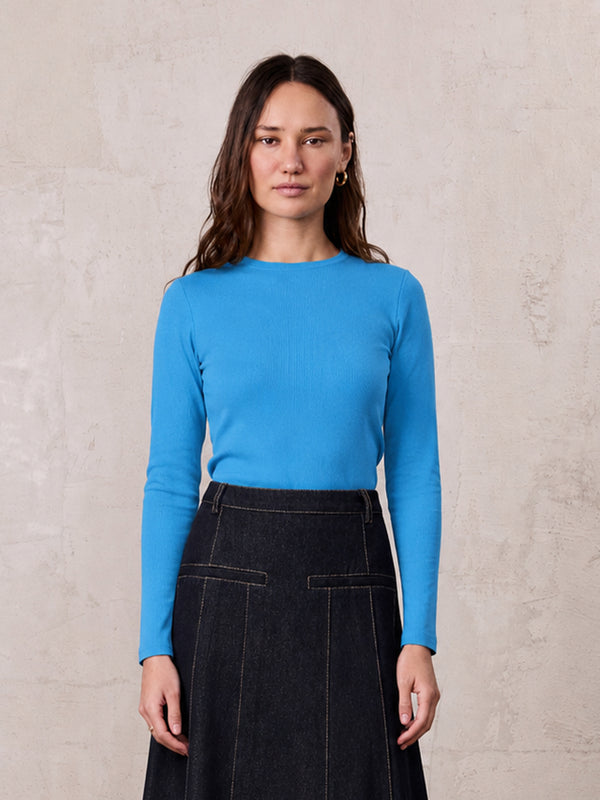 Rounded Hem Ribbed T-Shirt-Sky Blue