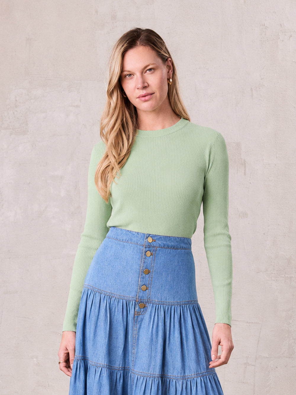 Rounded Hem Ribbed T-Shirt-Mint Green