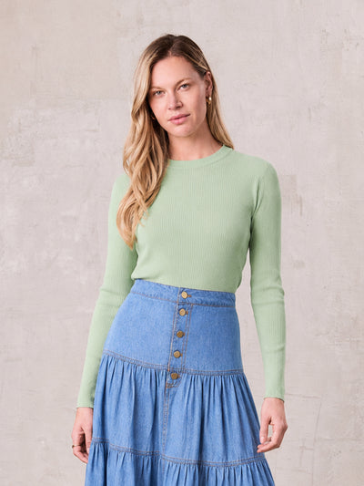 Rounded Hem Ribbed T-Shirt-Mint Green