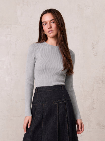 Rounded Hem Ribbed T-Shirt-Grey