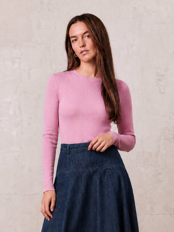 Rounded Hem Ribbed T-Shirt-Pink