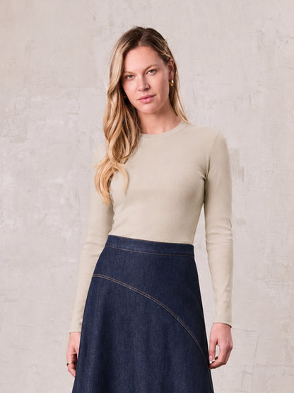 Rounded Hem Ribbed T-Shirt-Tan