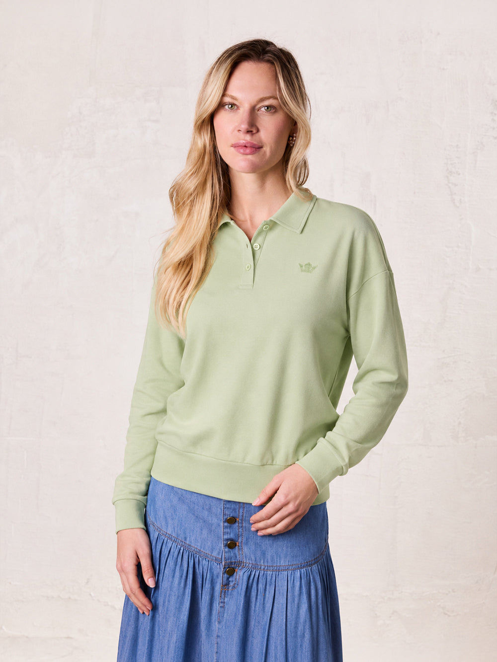 Collared Bomber Tee-Sage