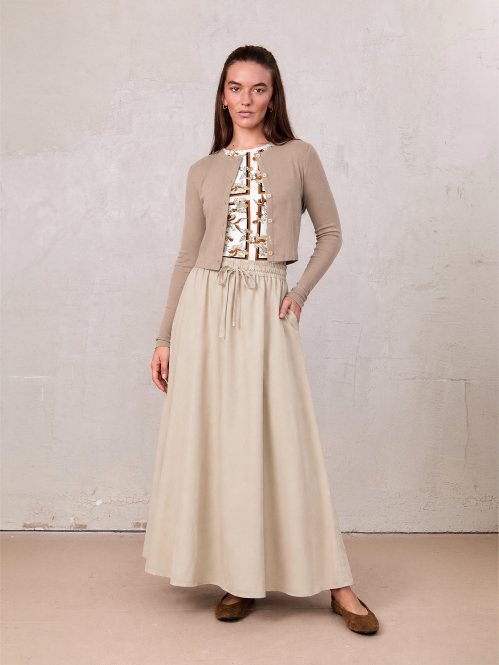 Drawstring Circle Skirt-Tan