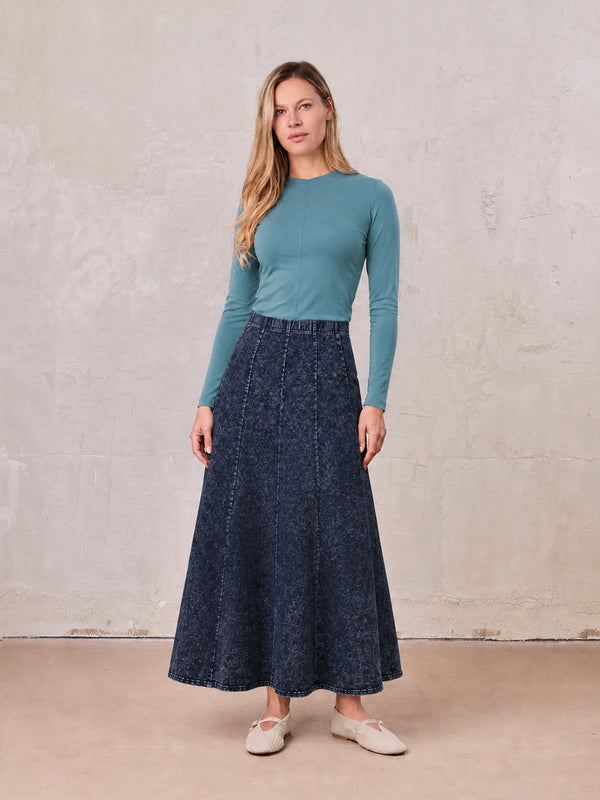 Paneled Flare Skirt 35"-Blue Wash