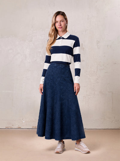 Paneled Flare Skirt 37"-Dark Blue Wash