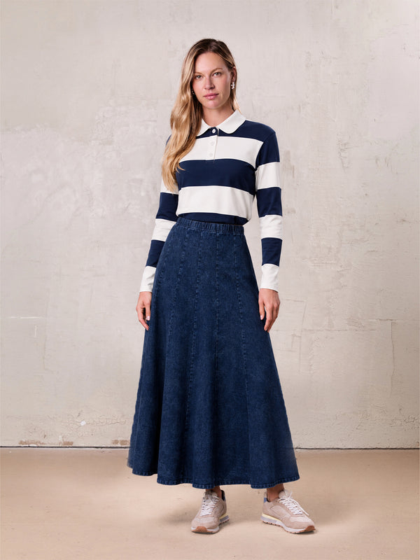 Paneled Flare Skirt 37"-Dark Blue Wash