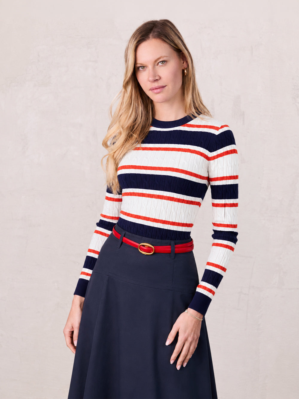 Striped Cable Sweater-Navy/White/Orange