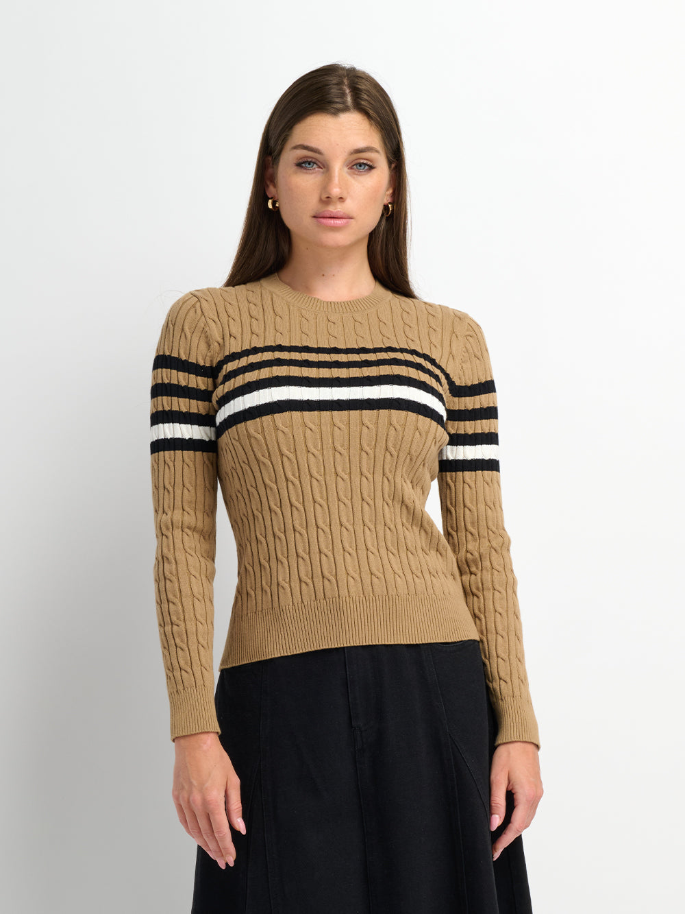 Striped Cable Knit Sweater - Tan/Black and White Stripe