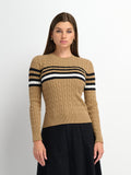 Striped Cable Knit Sweater - Tan/Black and White Stripe