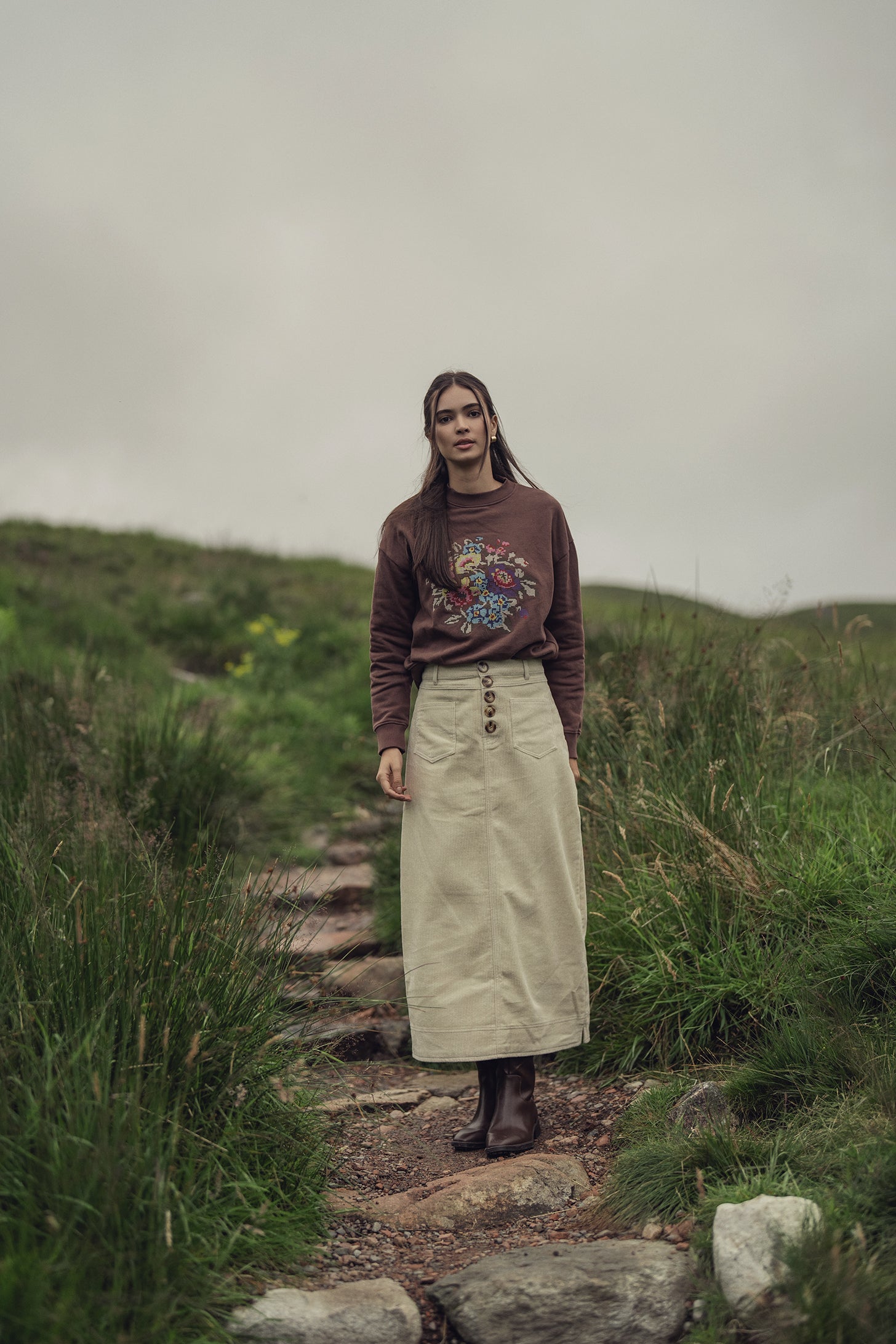 Cross Stitch Floral Sweatshirt-Brown