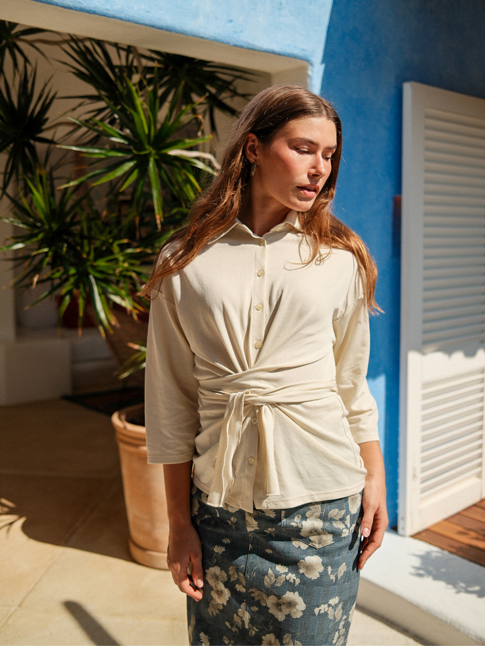 Waist Tie Button Down T-Shirt-Bone