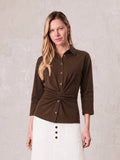 Waist Tie Button Down T-Shirt-Brown