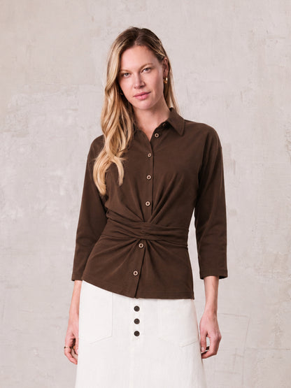 Waist Tie Button Down T-Shirt-Brown