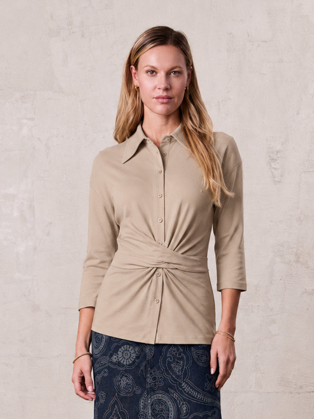Waist Tie Button Down T-Shirt-Light Olive