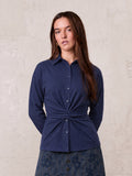 Waist Tie Button Down T-Shirt-Navy