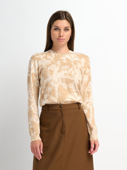 Printed High V Lightweigh Sweater - Tan Cream Toille
