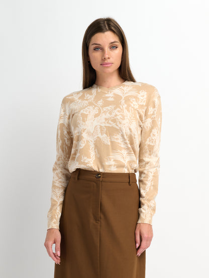 Printed High V Lightweigh Sweater - Tan Cream Toille