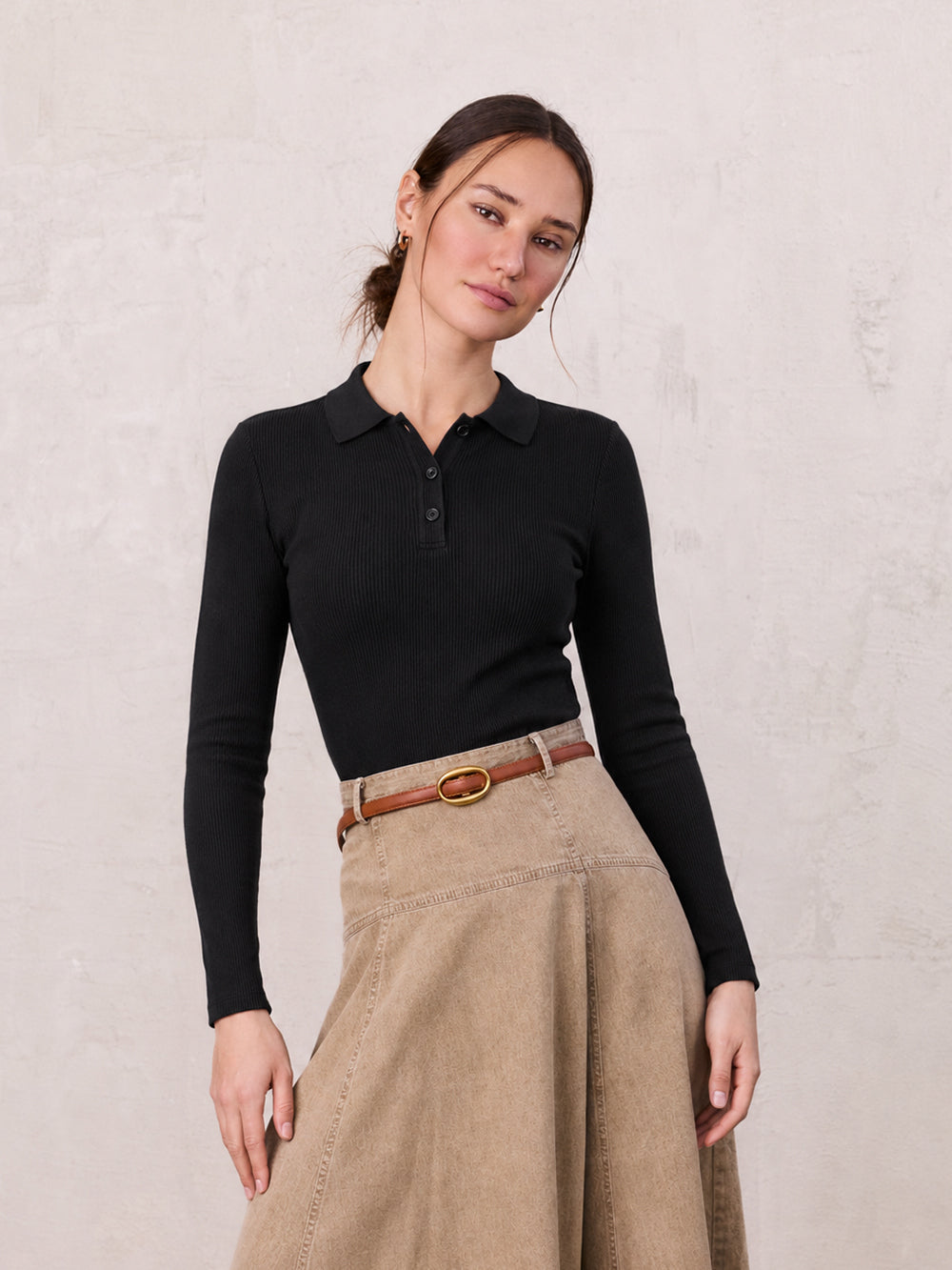 Heathered Collared Tee-Black