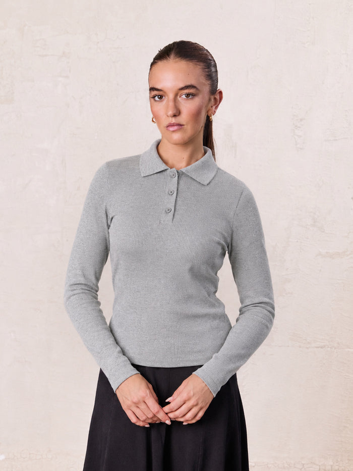 Heathered Collared Tee-Grey