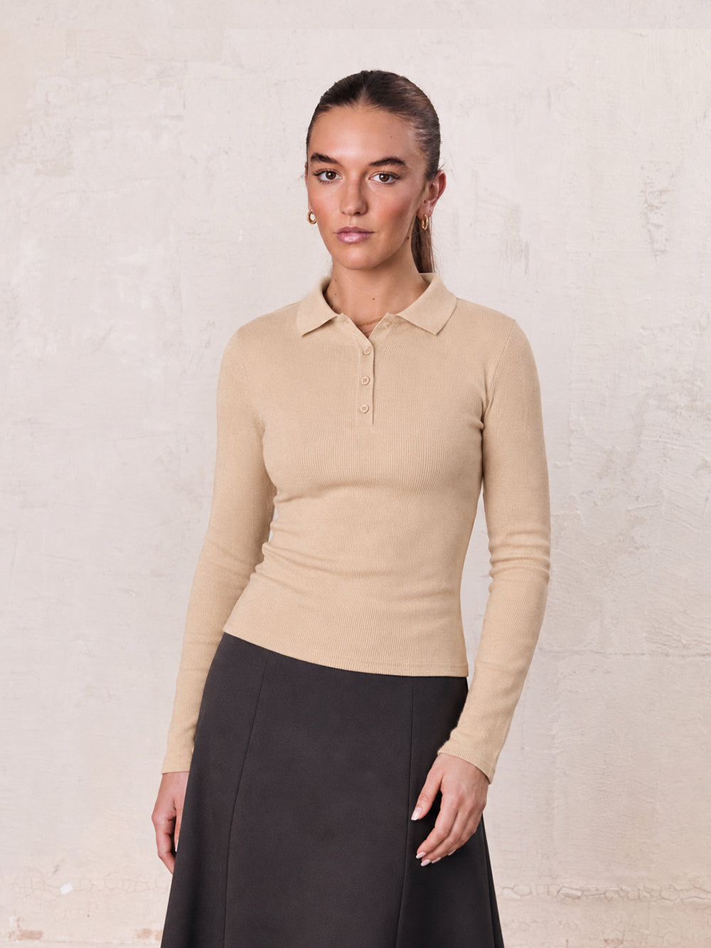 Heathered Collared Tee-Tan